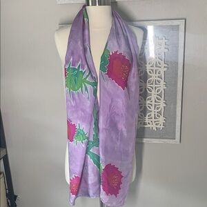 Lavender/Purple, pink and green floral silk scarf